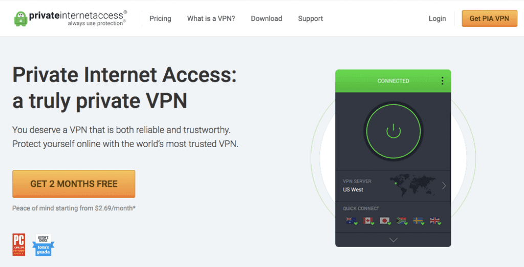 screenshot of PIA VPN homepage