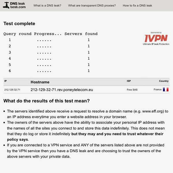 DNS leak test results