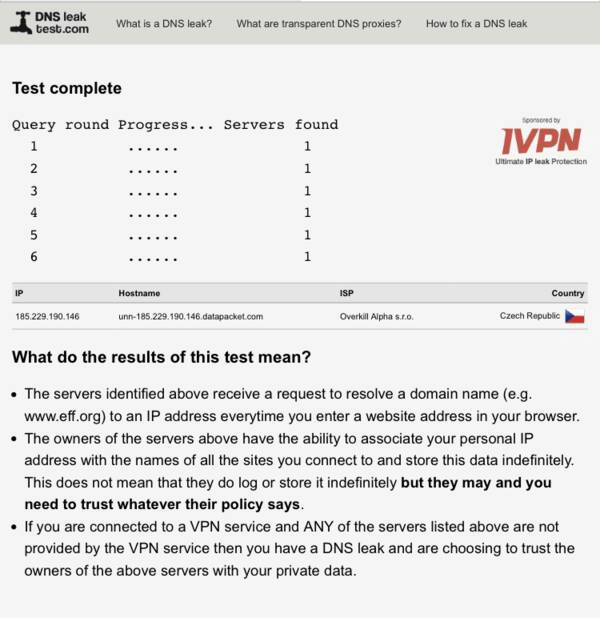 Complete test results form DNSLeakTest.com showing that the VPN had no DNS leaks.