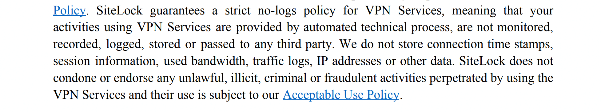 SiteLock VPN no-logs policy