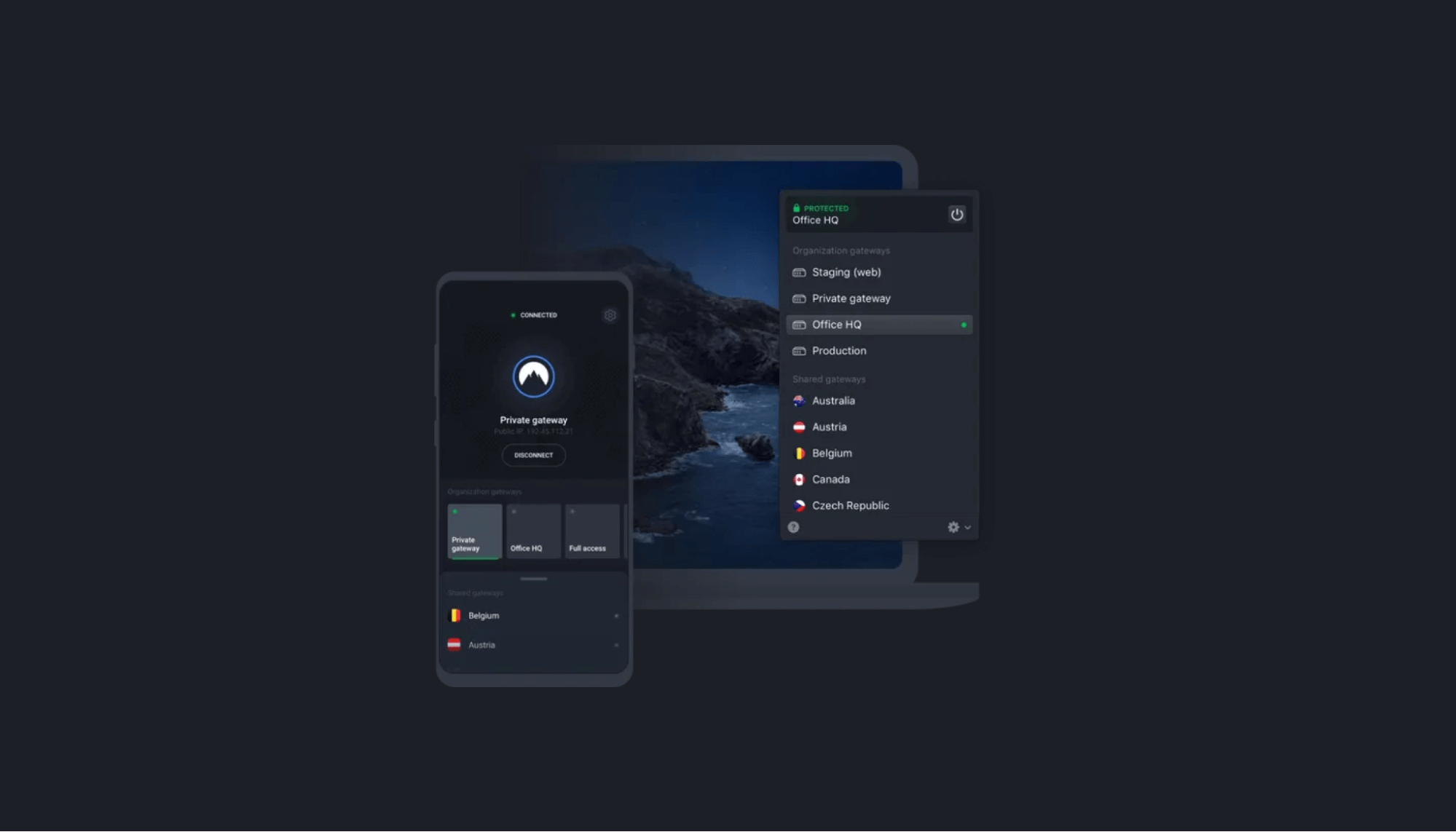 NordLayer Interface on mobile and desktop